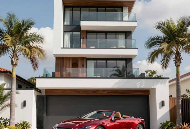 Miami-style 3-level modern home with glass and wood encased by two date palm trees.