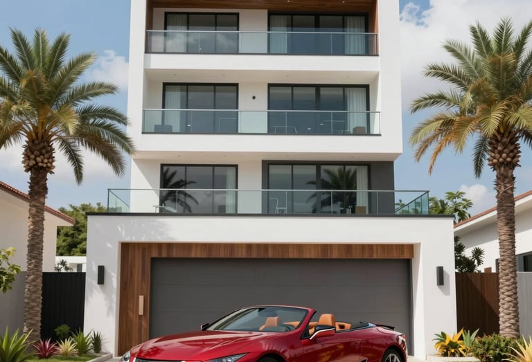 A Lexus LC 500 convertible parked outside of a luxury beach home