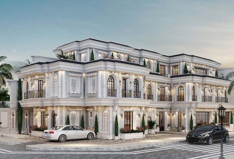 a luxury apartment building with a large white building