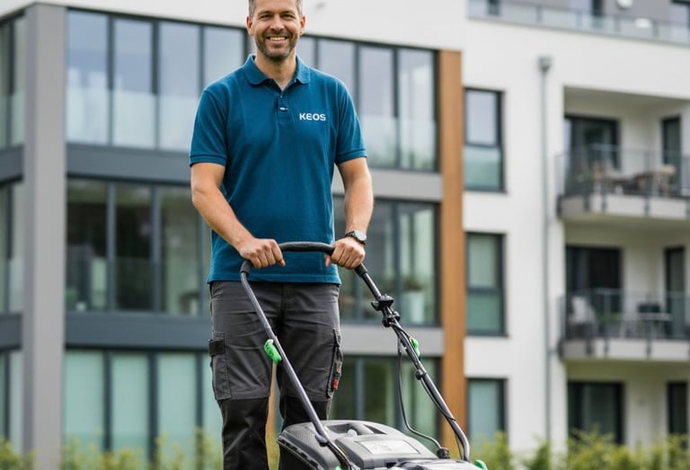 a man standing in the grass with a lawn mower