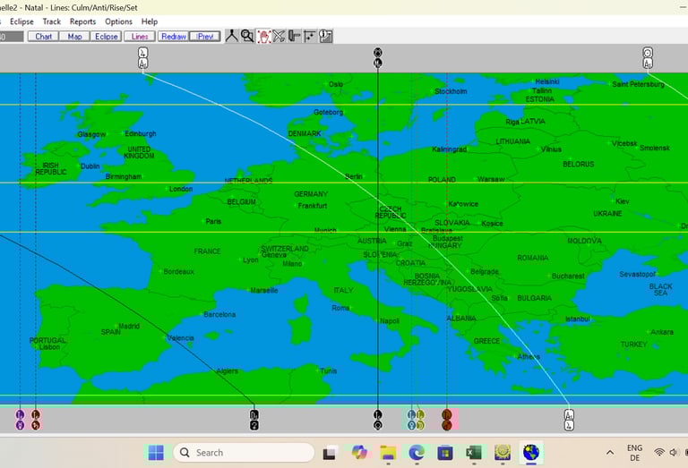 software screen shot showing a map of Europe with astrocartography lines