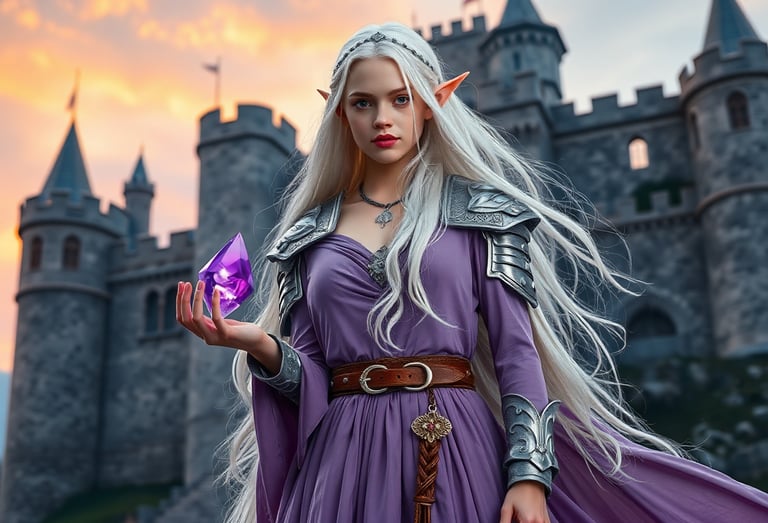 A female elf wearing a purple gown in front of a castle