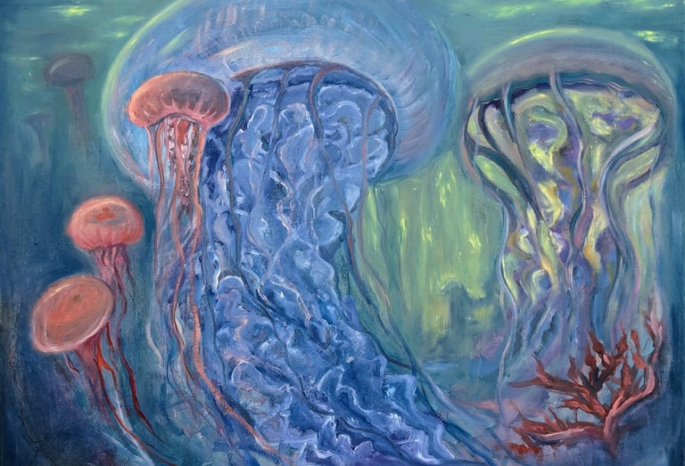 a painting of jellyfishs and jellyfishs
