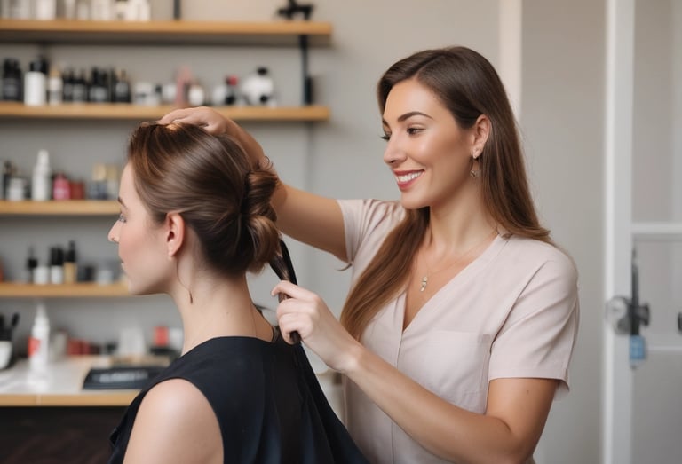 Various wellness and beauty products, including oils in bottles, a bowl of oil, dried flowers, crystals, a smudge stick, and a small dish of cream, are arranged aesthetically on a light surface. The scene is decorated with colorful flowers and herbs.