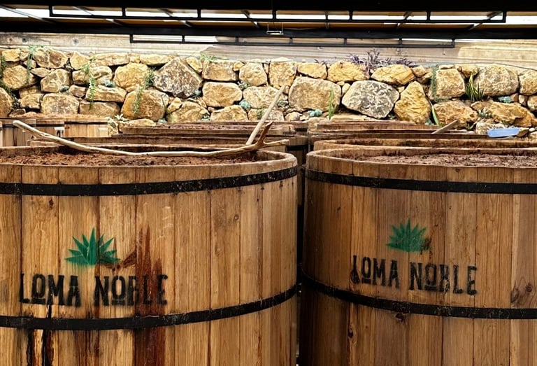 two wooden barrels with a wooden barrel of wine