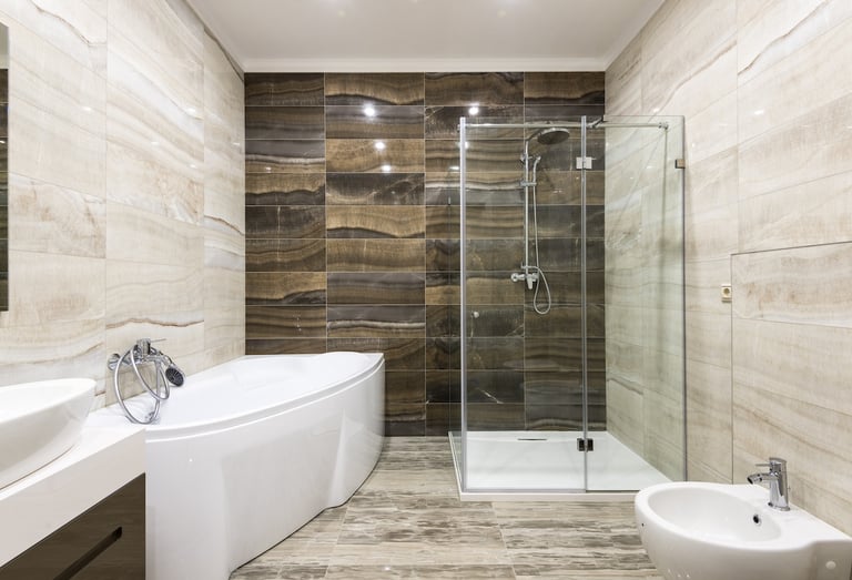 a bathroom with a tub tub and a shower