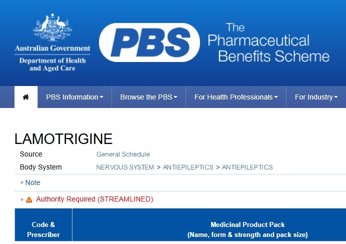 Screen shot of PBS entry for lamotrigine