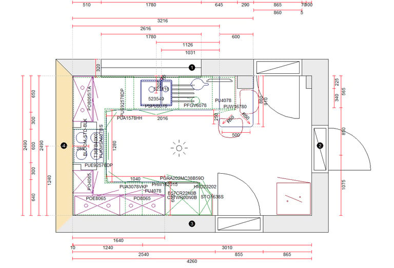 Detailed kitchen floor plan layout with dimension measurements and appliance placement symbols.