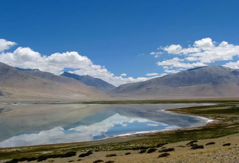 Tso Kar Lake reflecting the mountains of eastern Ladakh