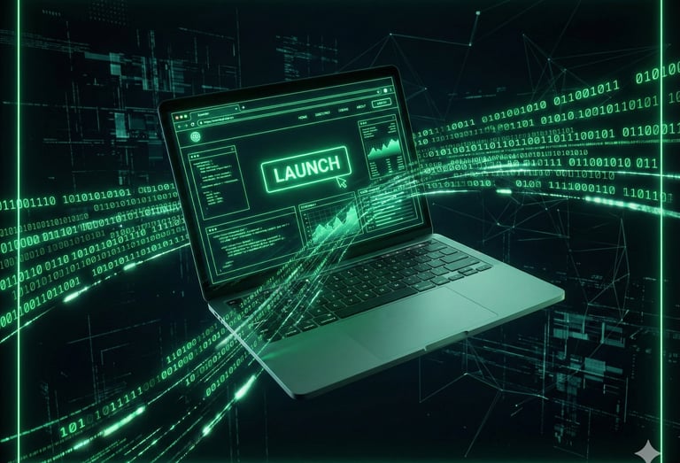 Notebook futurista exibindo criação de site rápido e landing page otimizada com SEO para conversão.