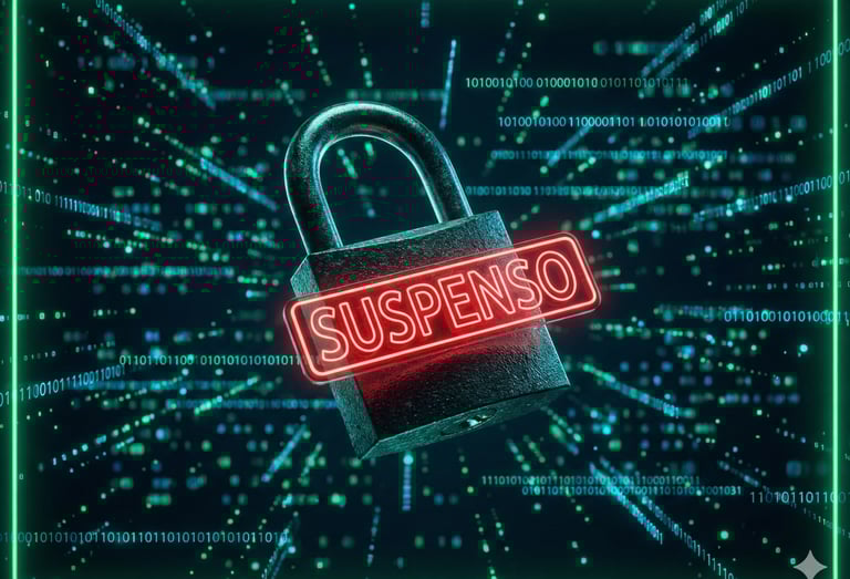Cadeado digital com aviso neon de Suspenso, ilustrando serviço de recuperação de conta Google Meu Negócio bloqueada.