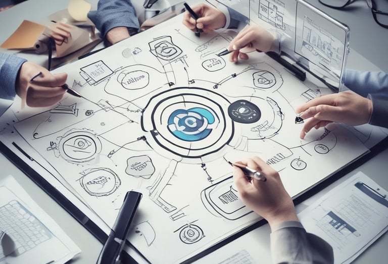 A professional team collaborating around a table with charts and laptops.