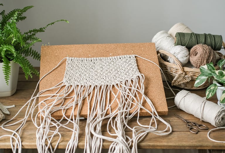 Pieza de macramé sobre una base, a un lado de una canasta de hilos de algodón de colores tierra.