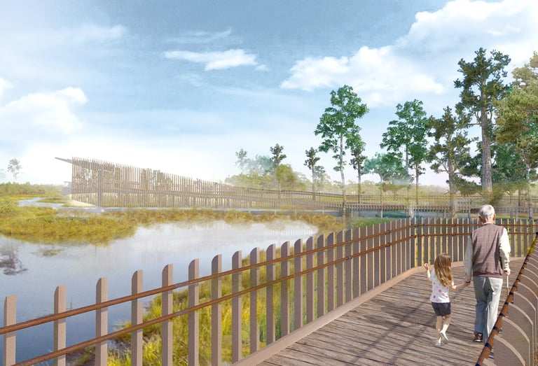 A rendering of wooden boardwalk over a bog