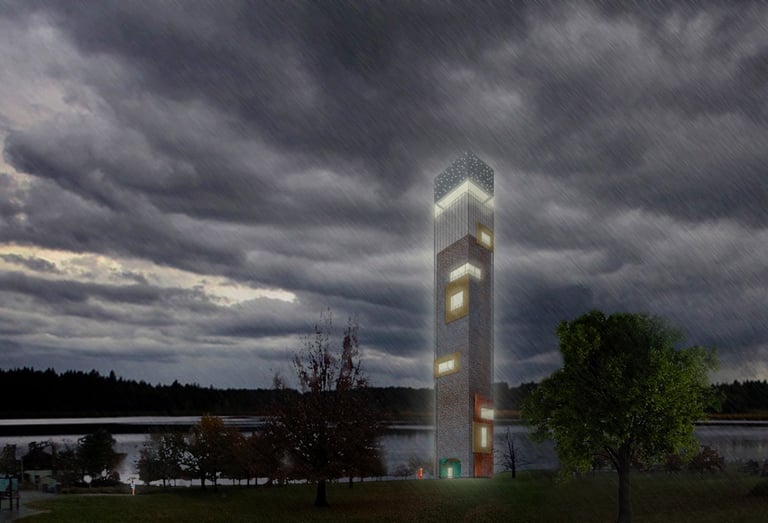 a rendering of a metal observation tower in the rain