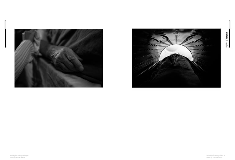 A magazine spread with a photo of a funeral and a futuristic machine