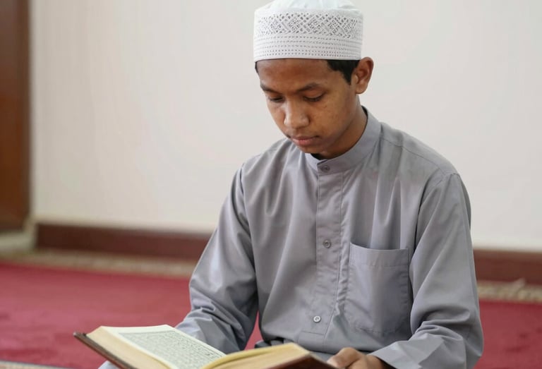 A teacher explaining Islamic teachings to engaged students in a bright classroom.