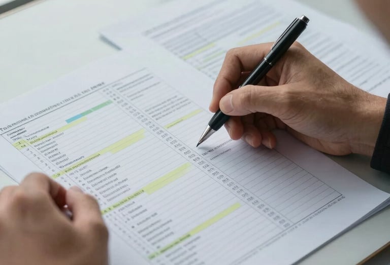 Close overhead framing of an analyst's desk, hands annotating a printed multi-asset allocation report with a fine pen, several highlighted rows visible, natural north-facing daylight from a tall office window casting soft even light across the document surface, a second printed memo partially overlapping the first, cool-toned ambient office environment visible softly out of focus in the background