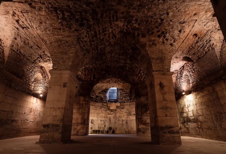 Underground substructure of Diocletian's Palace in Split, Croatia, with ancient Roman stone arches.