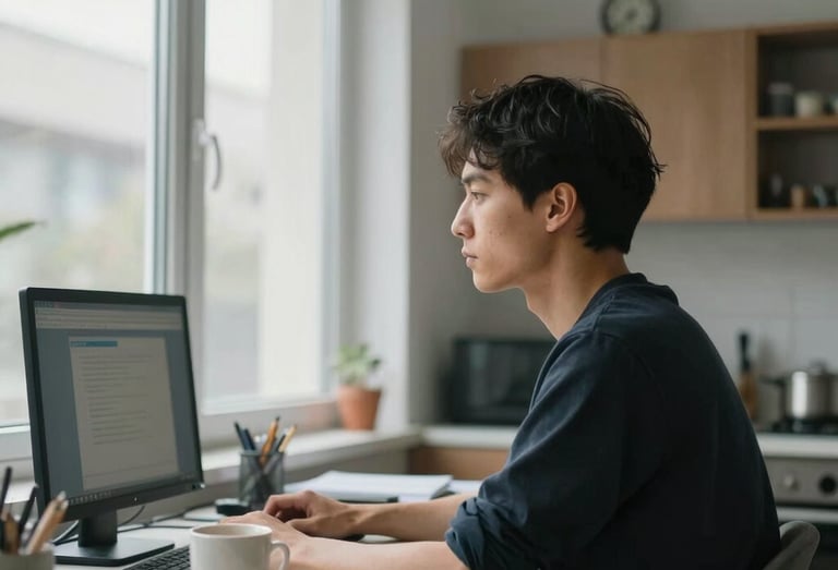 A cozy workspace with a laptop, notebook, and a cup of coffee, inviting creativity.