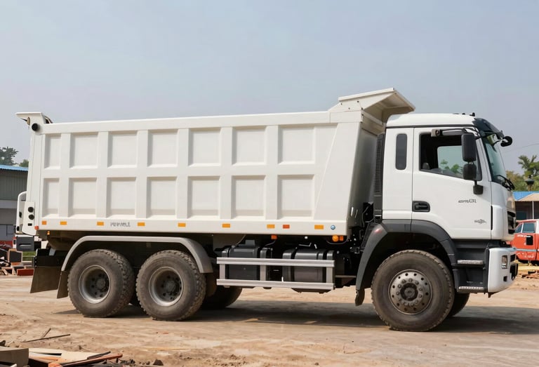 Side-profile photo of a heavy-duty Ashok Leyland Hyva tipper truck parked at a clean construction staging area in India, bright daylight, realistic vehicle details.