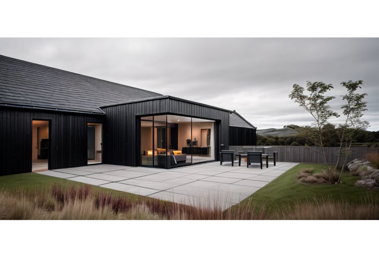 Modern black timber house with a glass-walled living room and paved outdoor patio at dusk.