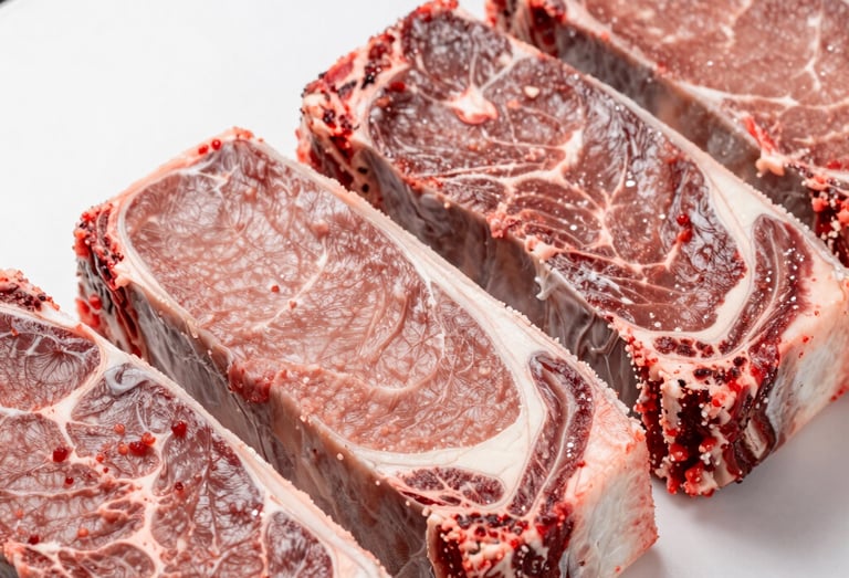 Close-up studio photography of premium frozen beef cuts, expertly butchered, displayed on a clean white surface with professional lighting, emphasizing quality and freshness.