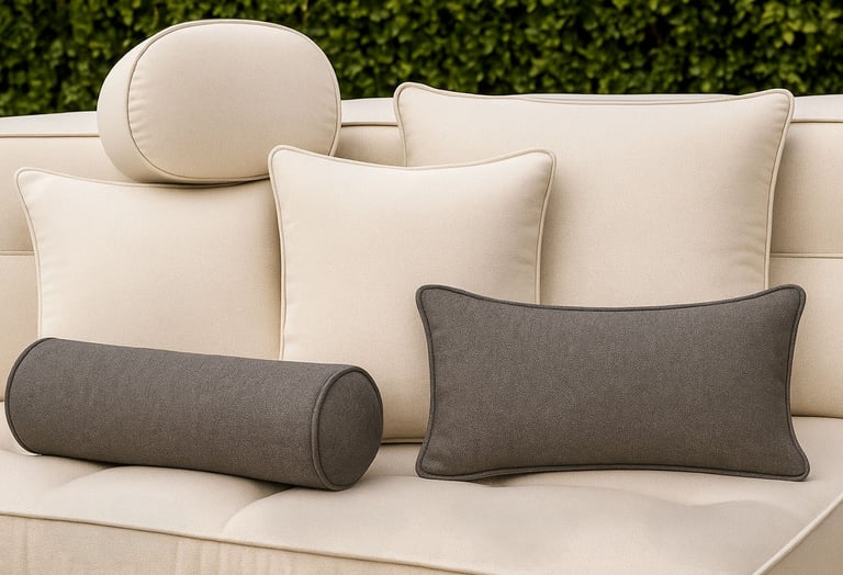 Solo Home Decor’s custom outdoor cushion collection featuring beige and charcoal pillows in various shapes 
