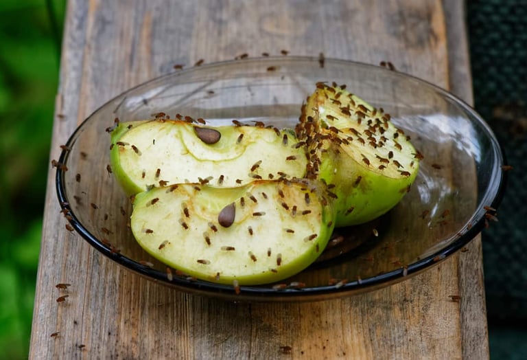 slices of apple with a bunch of Fruit Flies on it