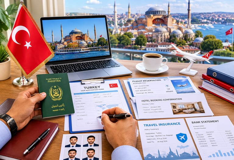 Pakistani traveler preparing Turkey visa application documents, including passport, bank statement, 