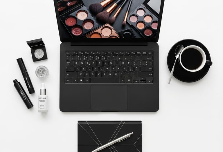 Flat lay of a laptop displaying makeup tutorials, surrounded by cosmetics, coffee, and a notebook.