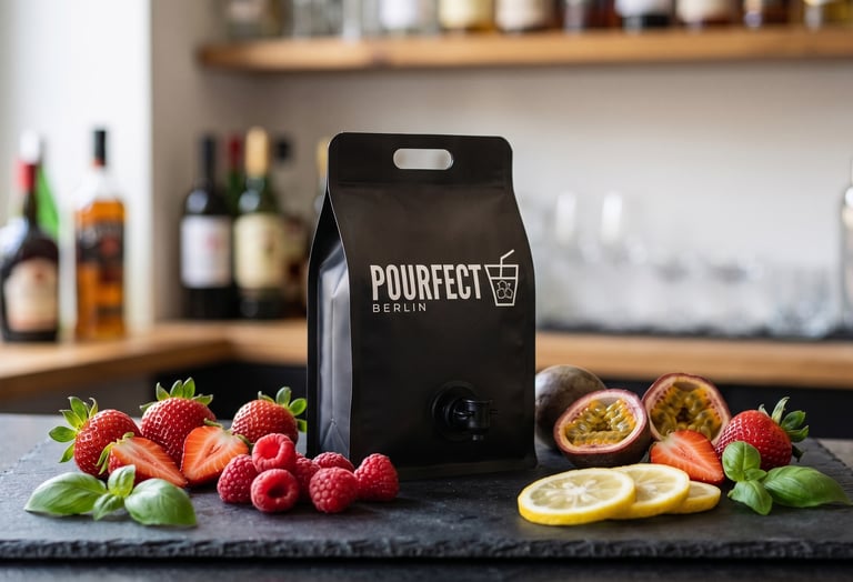 Pourfect cocktail and mocktail base pouch with real fruit, herbs and citrus ingredients