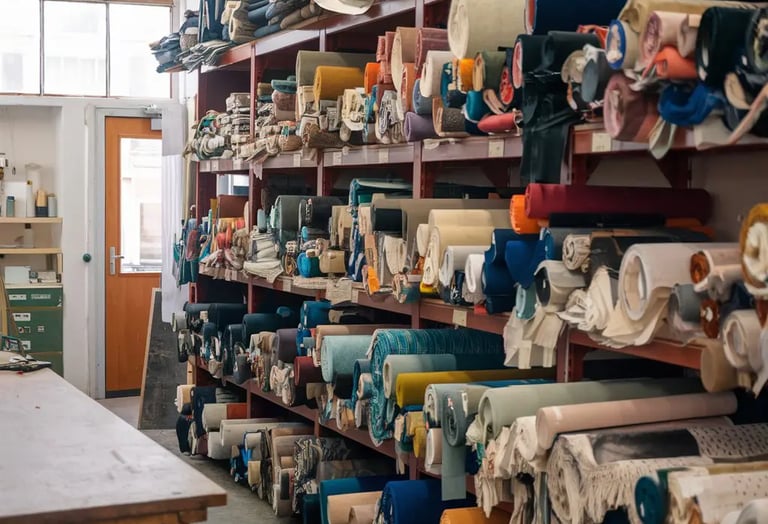 atelier de tapissier, rouleaux de tissus pour tentures murales sur des rangées d'étagères en bois