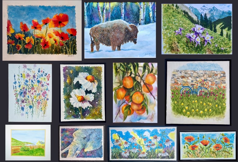 a collection of Sheila Fossen’s watercolor-paintings of galleries, flowers and nature scenes