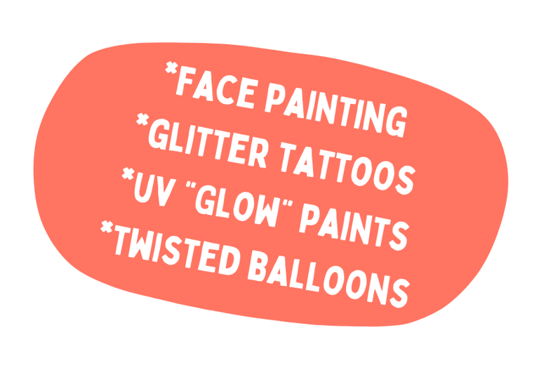 White words on red background spelling Face Painting Glitter Tattoos UV Glow Paints Twisted Balloons