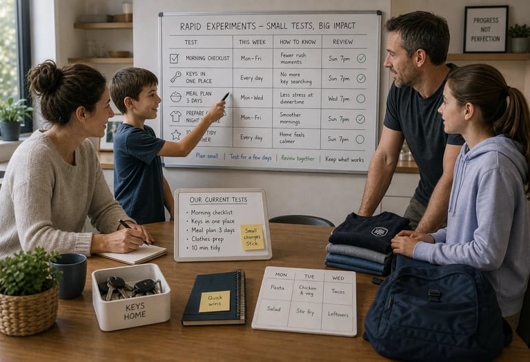 Family testing small improvements and routines to create lasting habits and reduce daily stress.
