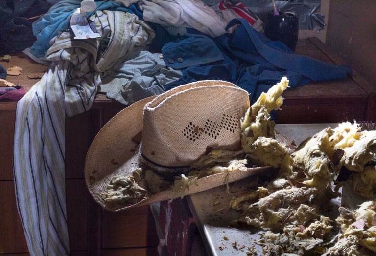 Cowboy straw hat covered with pieces of insulation.