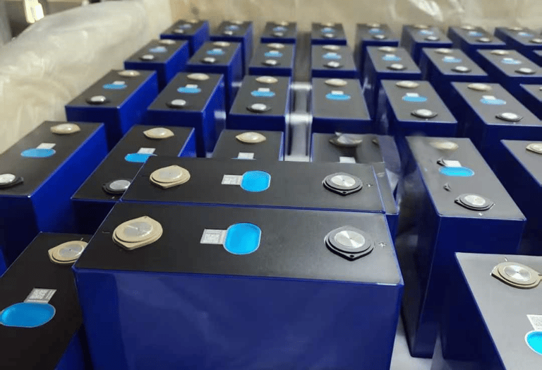 a box of prismatic LiFePO4 battery cells