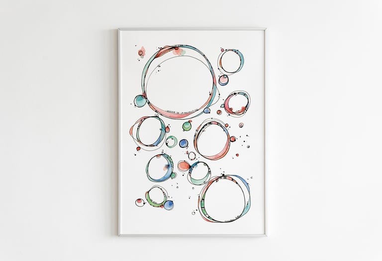 peinture de bulles à l'encre noir et touches de couleurs pastels