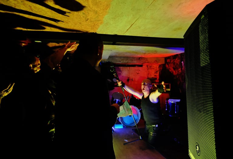 a man and woman singing in a band