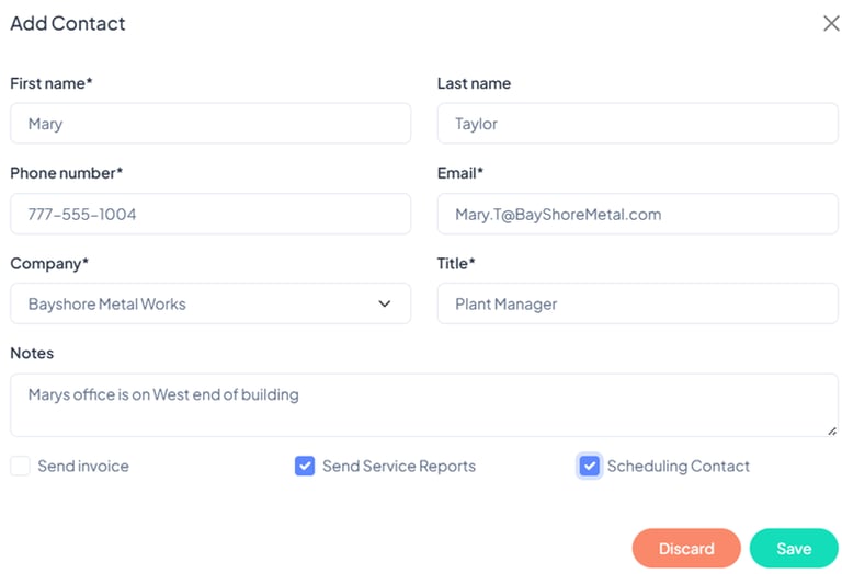 Add contact screen in KeplaCloud FSM software