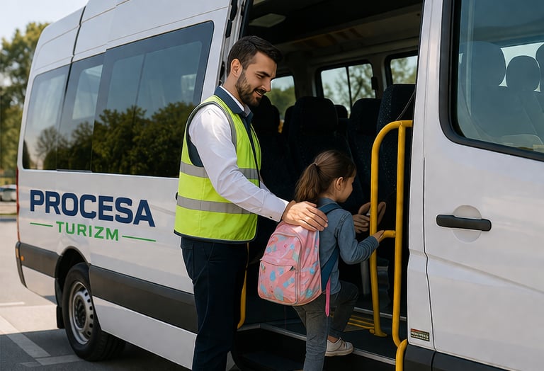 A Procesa Turizm driver in a safety vest helping a young student board a white shuttle bus.