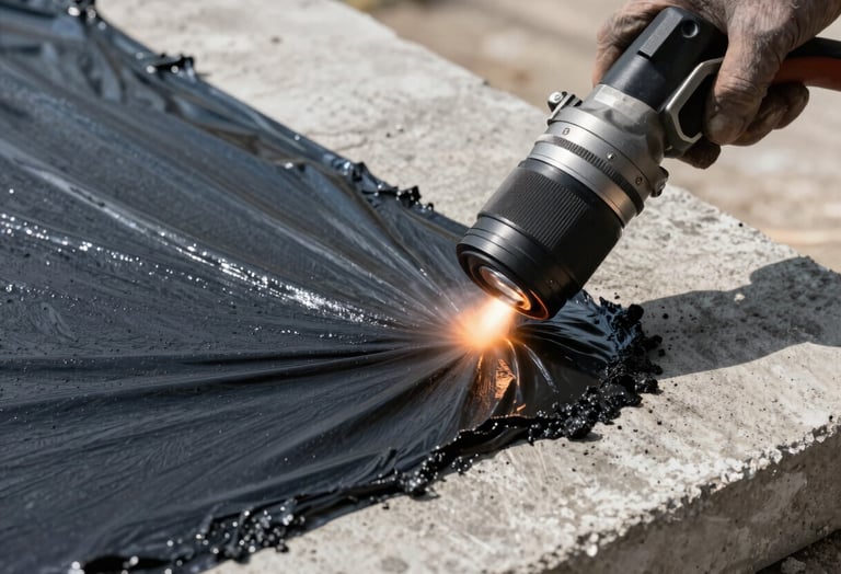 Close-up of technical waterproofing application on a concrete slab, showing dark asphaltic membrane being heat-torched precisely