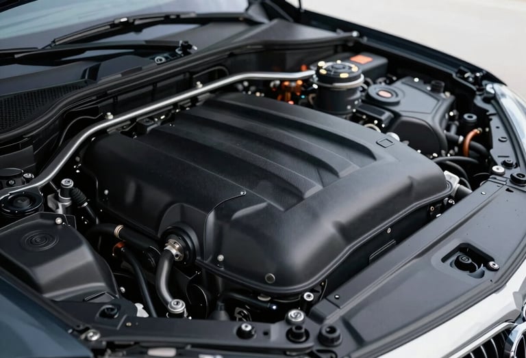 The same engine bay meticulously steam cleaned, plastic dressings applied, showing clean metal lines and deep black satin plastic covers, premium automotive photography