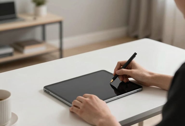 Minimalist workstation with a designer using a tablet, hands visible, modern French apartment interior, professional soft lighting.