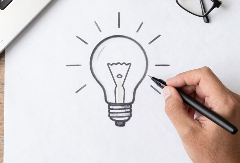 Hand drawing a light bulb idea sketch on paper with a pen at a desk.