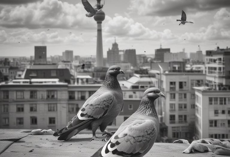 two pigeons sitting on a ledge in a city