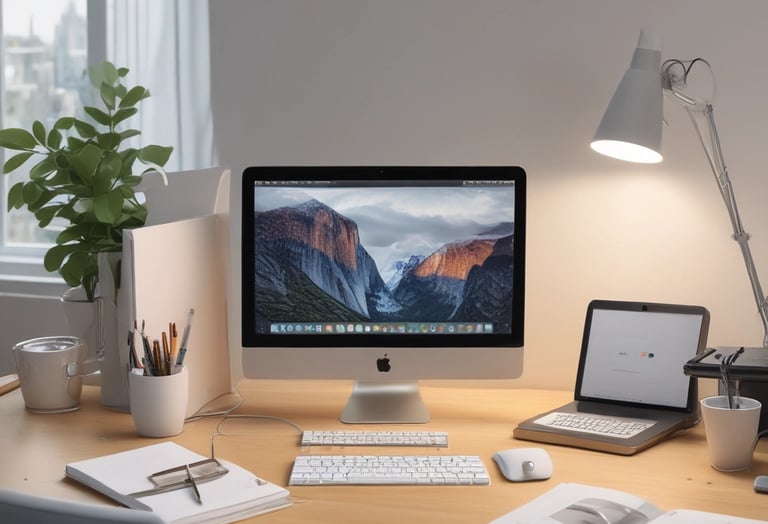 A collection of tech gadgets including a laptop, smartphone, smartwatch, and wireless earbuds placed on a white surface. A large green leaf partially covers the items, adding a touch of nature to the arrangement. A wooden board is partially visible underneath the leaf.