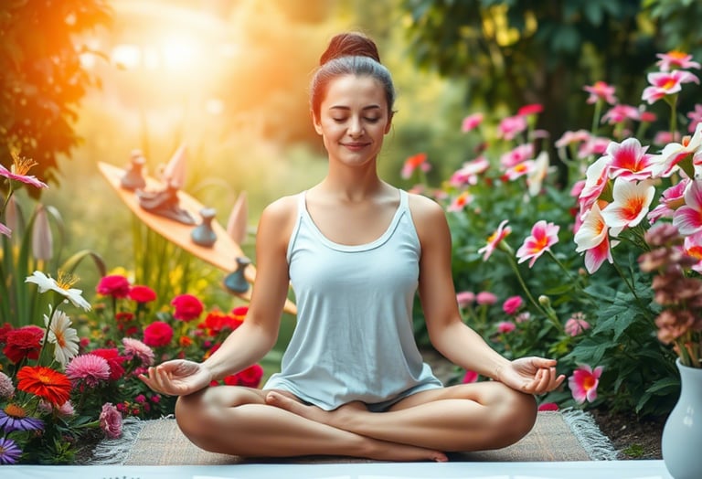 A peaceful woman practicing yoga meditation in a lush flower garden during a golden hour sunset.