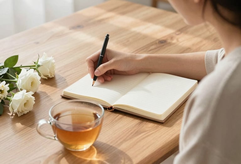 A person writing in a journal on a wooden desk with tea and white roses.